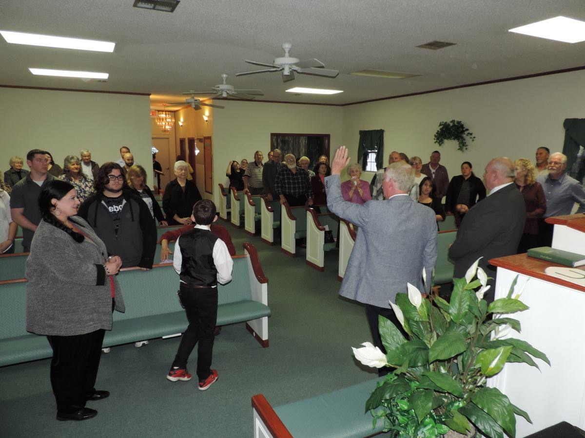 A church service full of people in the congregation at All Things New Church, a Southern Baptist congregation in Jay, Florida.